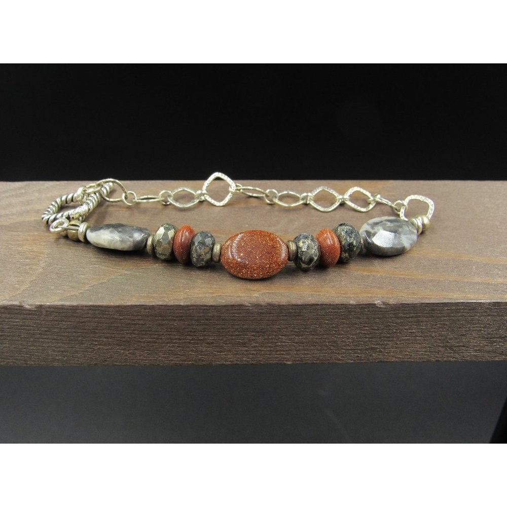 7" Sterling Silver Black Grey Black Stone Bracelet Vintage Elegant Beautiful